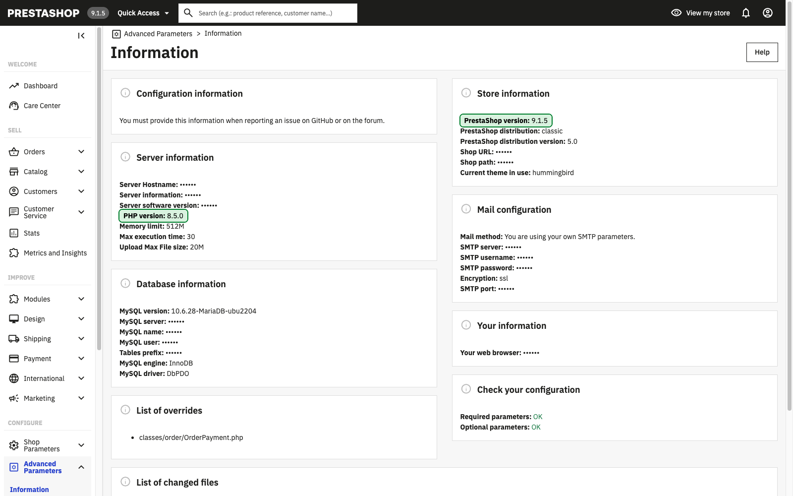 The Information page of the PrestaShop admin, with the PrestaShop and PHP versions