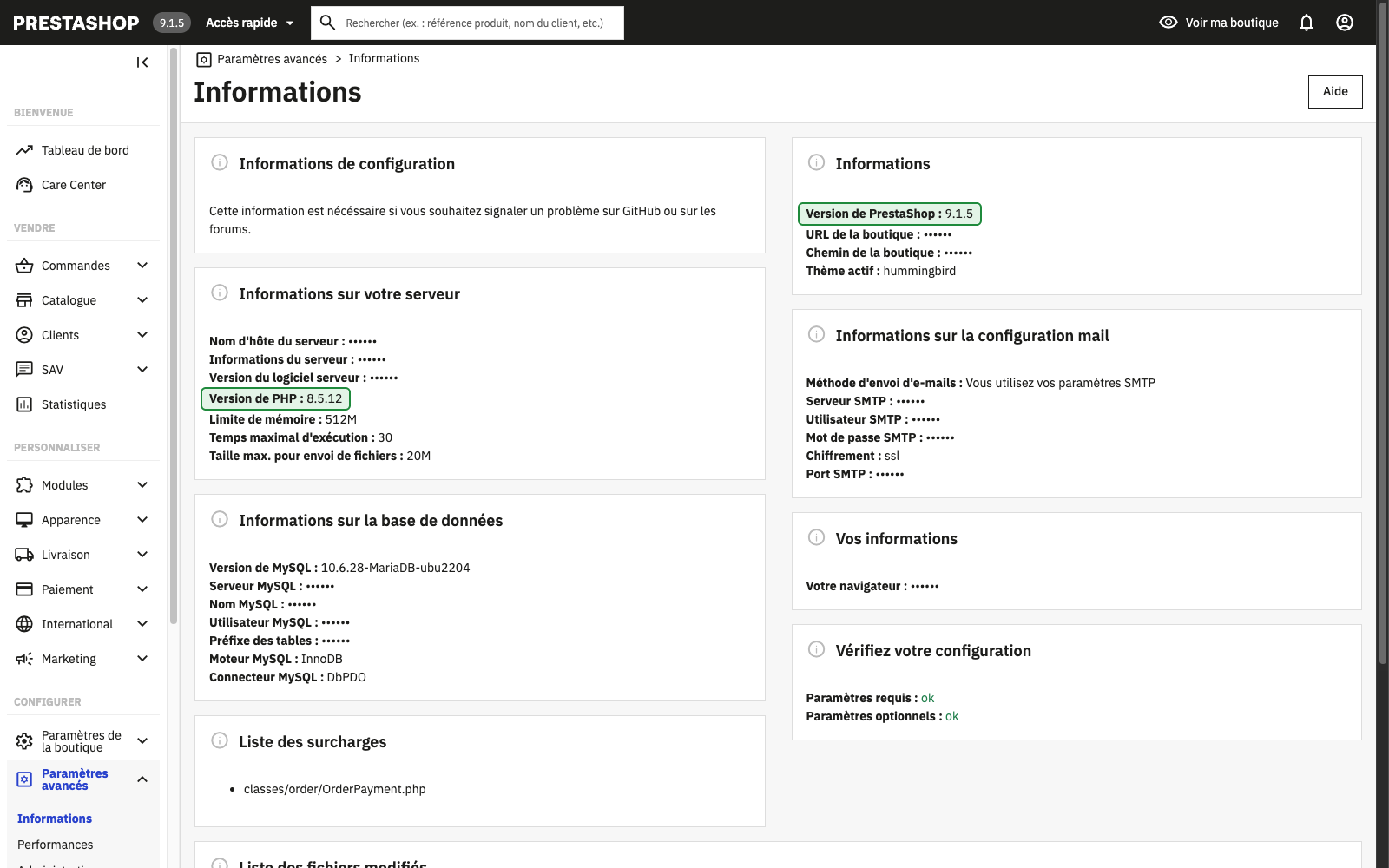 La page Informations de l’administration PrestaShop, avec les versions de PrestaShop et de PHP