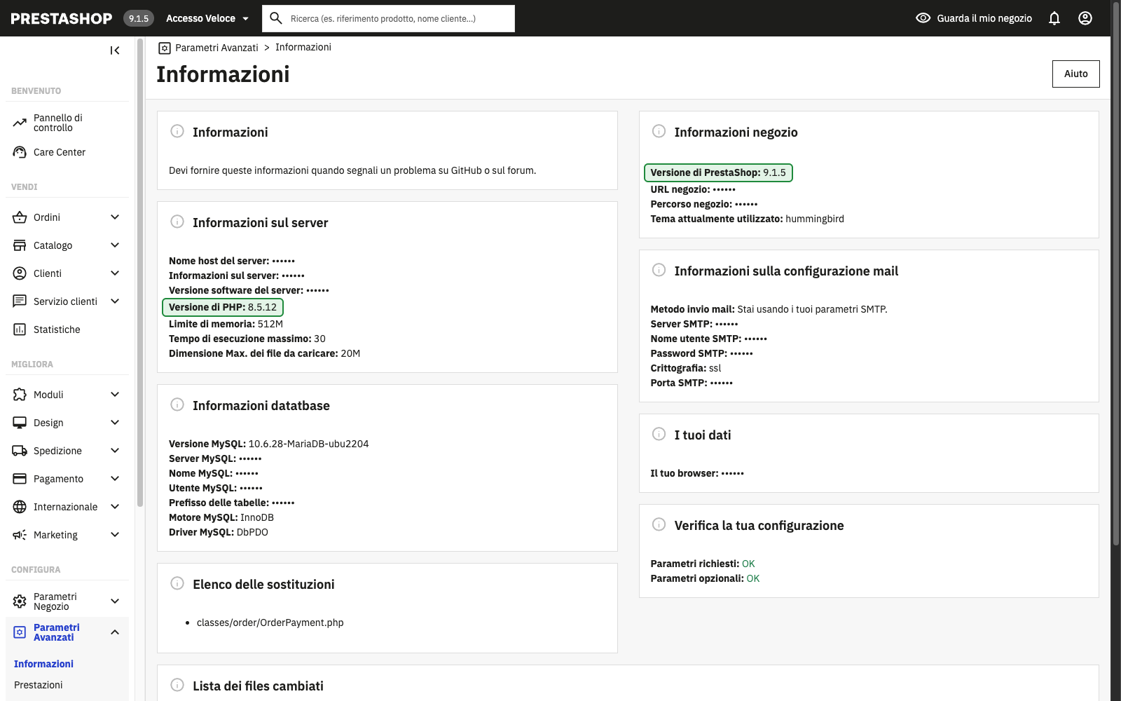 La pagina Informazioni del pannello di amministrazione di PrestaShop, con le versioni di PrestaShop e PHP