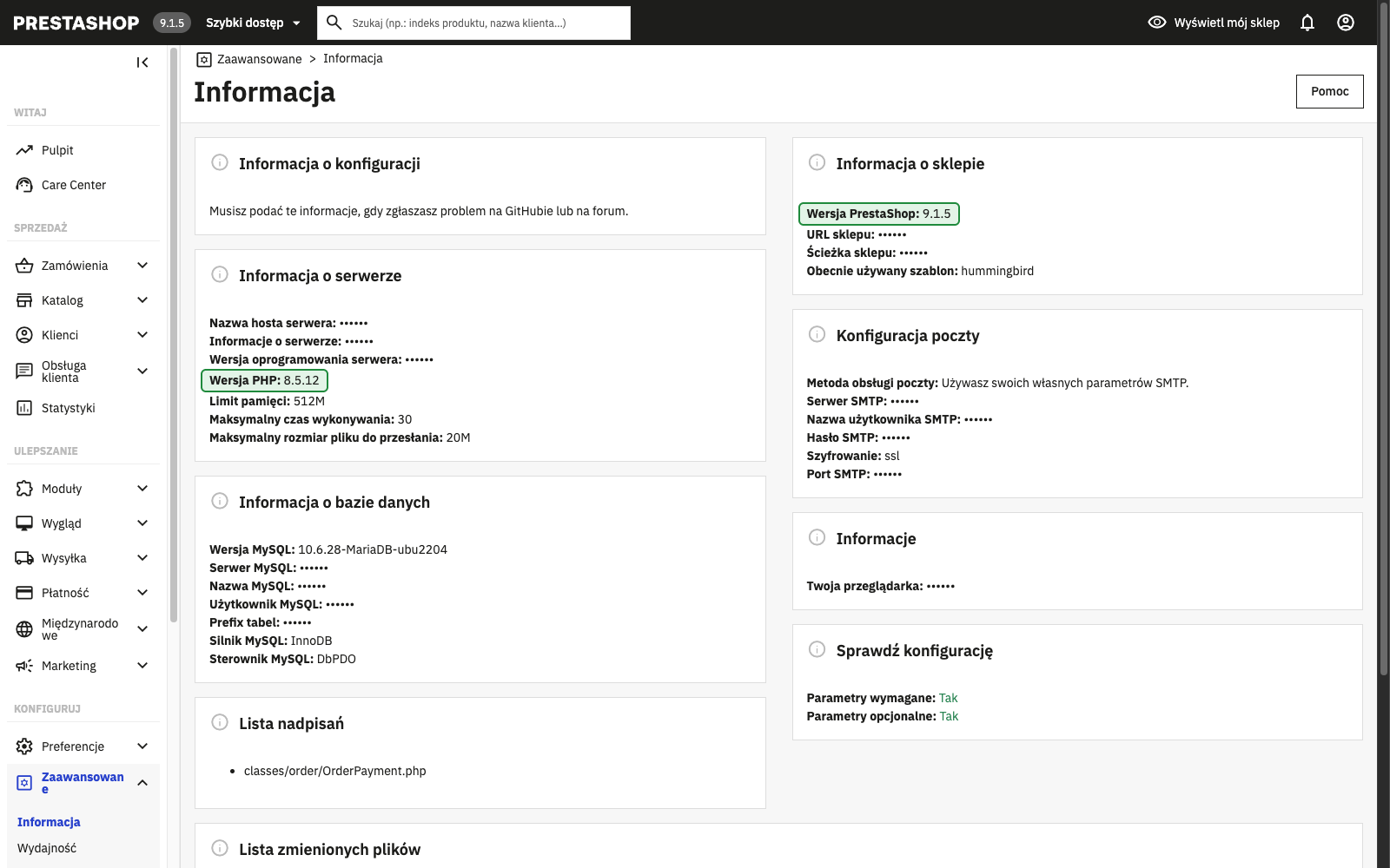 Strona Informacje w panelu administracyjnym PrestaShop z wersjami PrestaShop i PHP