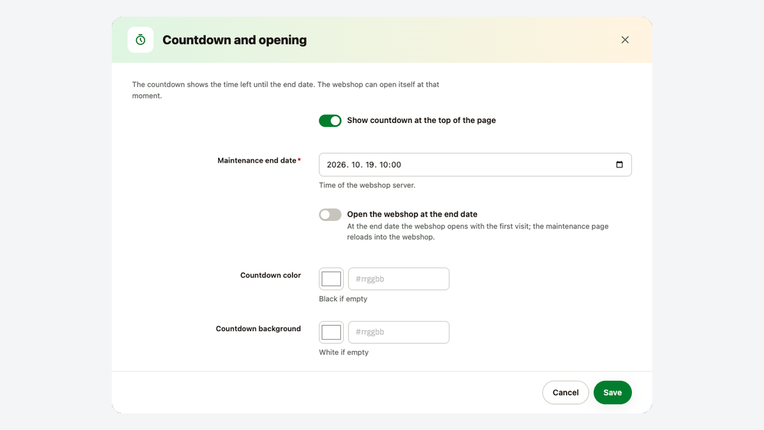 La fenêtre du compte à rebours avec la date de fin de maintenance et l’interrupteur d’ouverture automatique