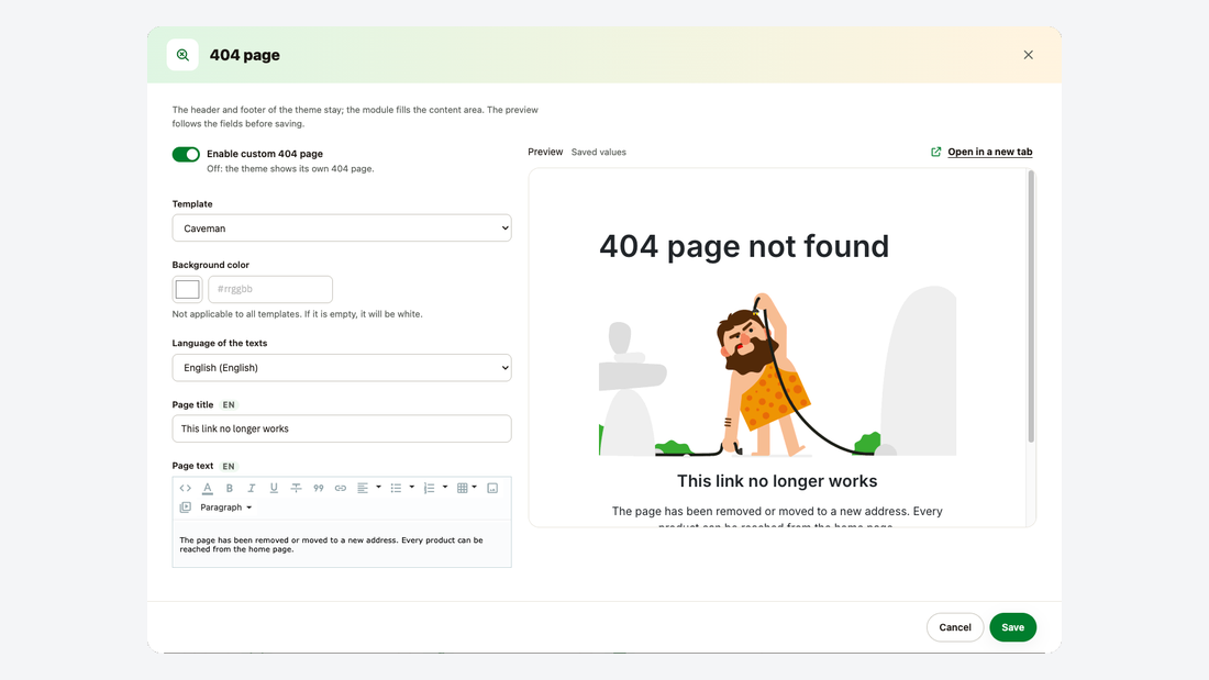 La fenêtre de la page 404 avec le choix du modèle, les textes et l’aperçu en direct