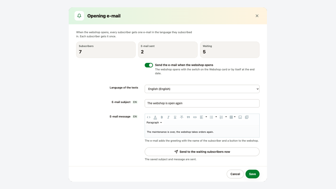 La fenêtre du message d’ouverture avec le nombre d’abonnés déjà prévenus et en attente