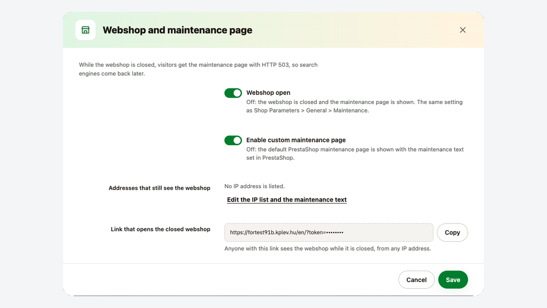 La fenêtre « Boutique et page de maintenance » avec l’interrupteur d’ouverture et le lien d’ouverture