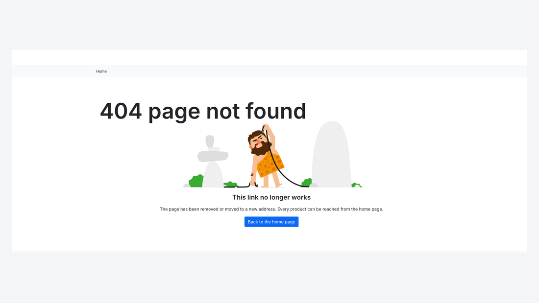 La page 404 personnalisée avec l’en-tête de la boutique, une illustration d’homme des cavernes et un bouton de retour