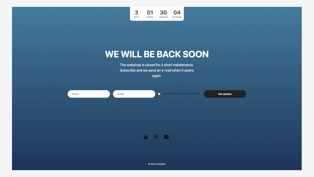 La page de maintenance avec compte à rebours, titre, formulaire d’inscription et icônes des réseaux sociaux