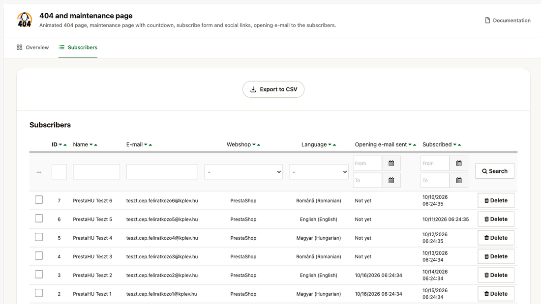 La liste des abonnés avec nom, e-mail, langue et date du message d’ouverture