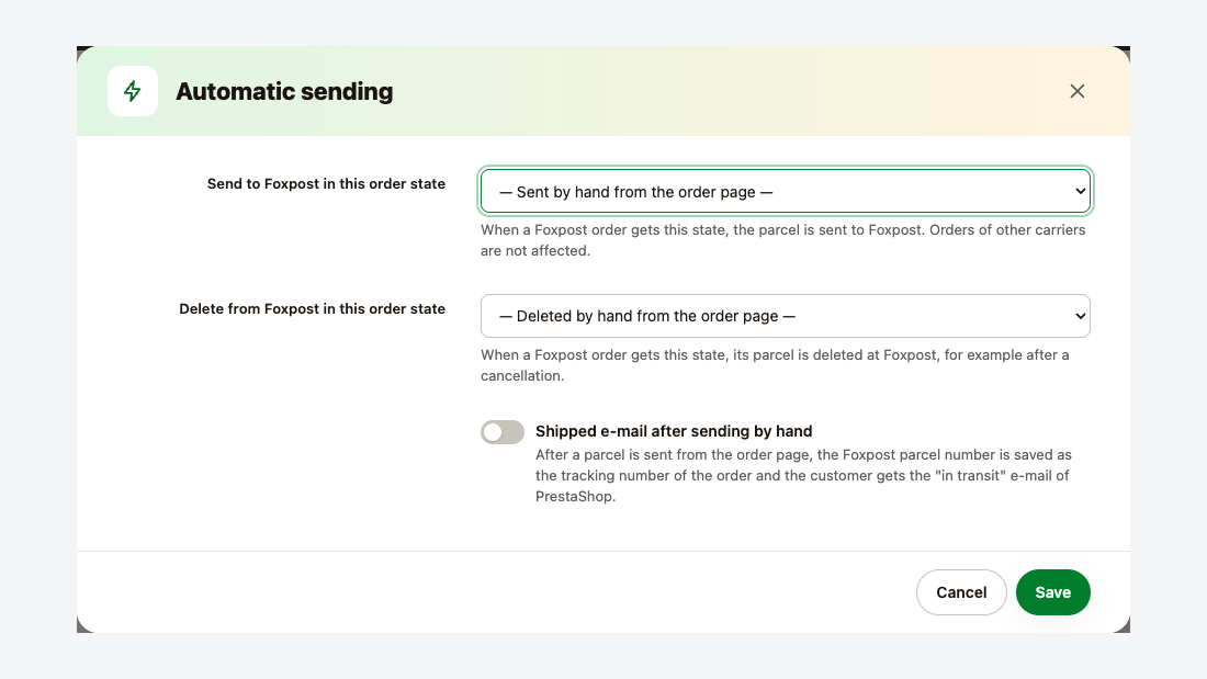 La finestra Invio automatico: invio ed eliminazione in base allo stato dell’ordine, e-mail di pacco in transito