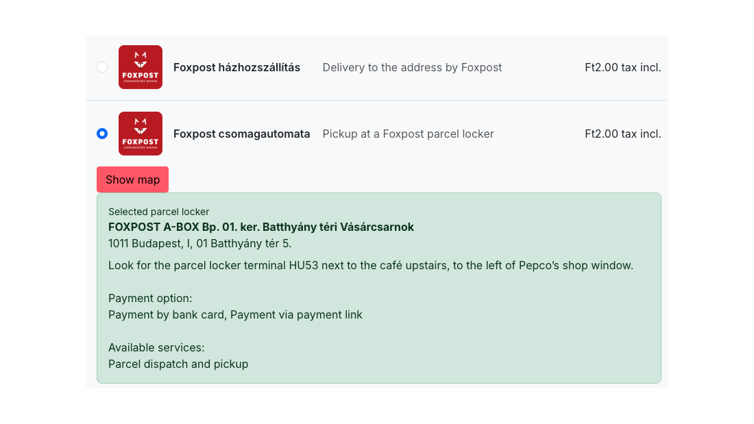 Il passaggio di spedizione del checkout con le due opzioni Foxpost e il locker scelto