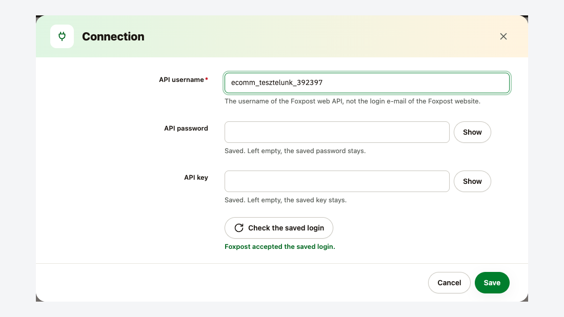 La finestra Connessione con nome utente, password e chiave della webAPI Foxpost