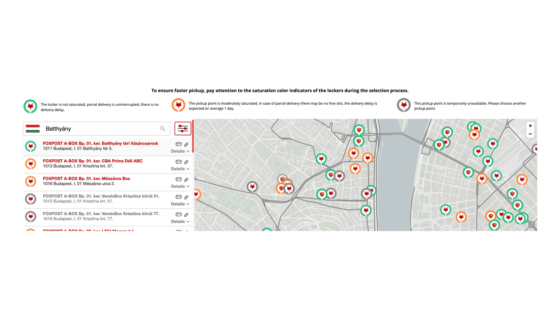 La mappa Foxpost al checkout: elenco dei locker con ricerca e mappa con gli indicatori di capienza