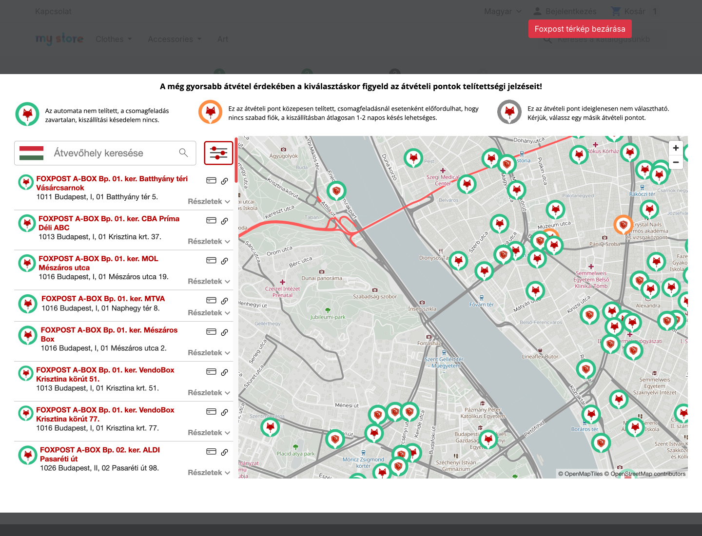 The Foxpost parcel-machine picker at checkout: a map of Foxpost points and a searchable list with capacity indicators