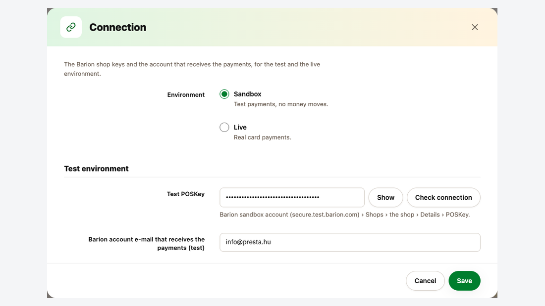 The Connection dialog: sandbox or live environment, POSKey, Check connection button and the e-mail of the Barion account that receives the payments