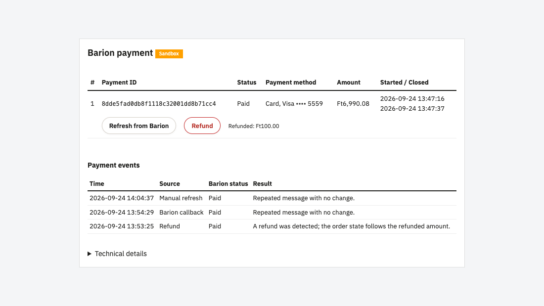 The Barion panel on the order page: payment details, Refresh from Barion and Refund buttons, and the payment events below