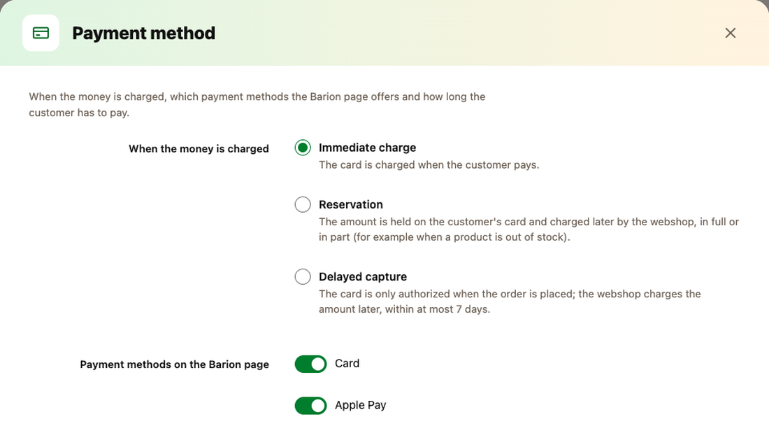 The Payment method dialog: immediate charge, reservation or delayed capture, and switches for the payment methods offered on the Barion page