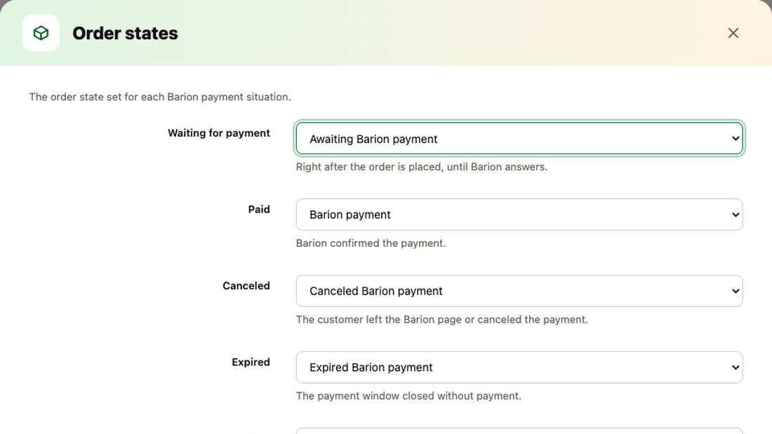 The Order states dialog: an order state for every Barion payment situation