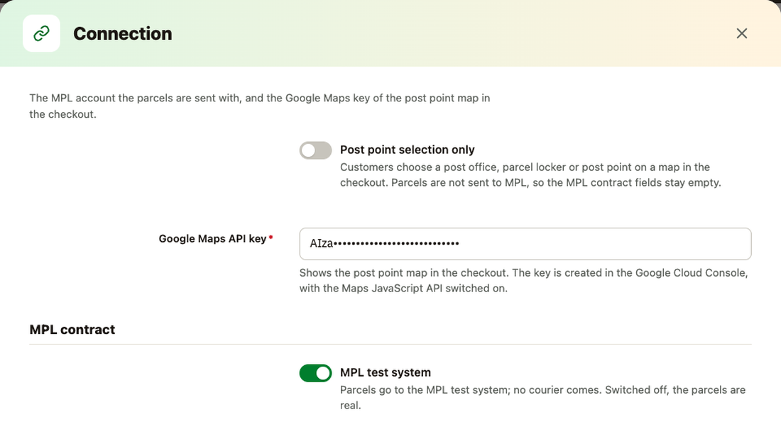 Impostazioni della connessione MPL: modalità solo scelta del punto di ritiro, chiave Google Maps, sistema di test MPL e dati del contratto