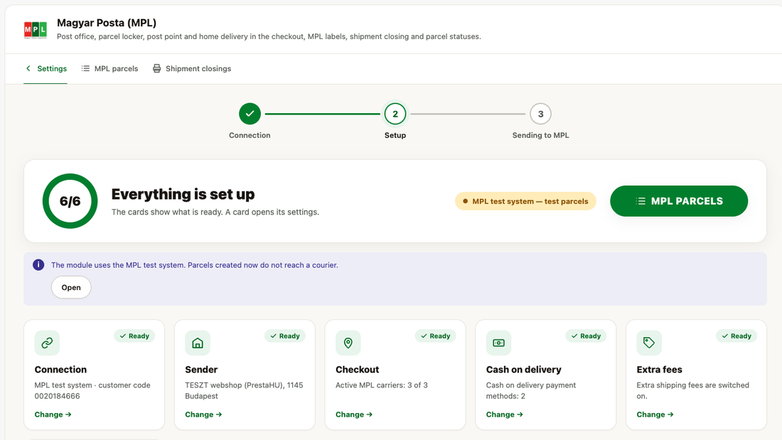 Panoramica delle impostazioni: passaggi, anello di avanzamento e schede di stato per connessione MPL, mittente, checkout e contrassegno