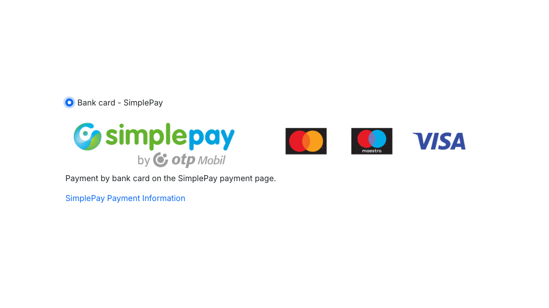 L’option de paiement par carte SimplePay lors de la commande, avec les logos des cartes et un lien d’information sur le paiement