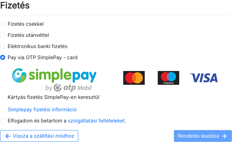 The OTP SimplePay card payment option at checkout: SimplePay logo with Mastercard, Maestro and VISA card icons
