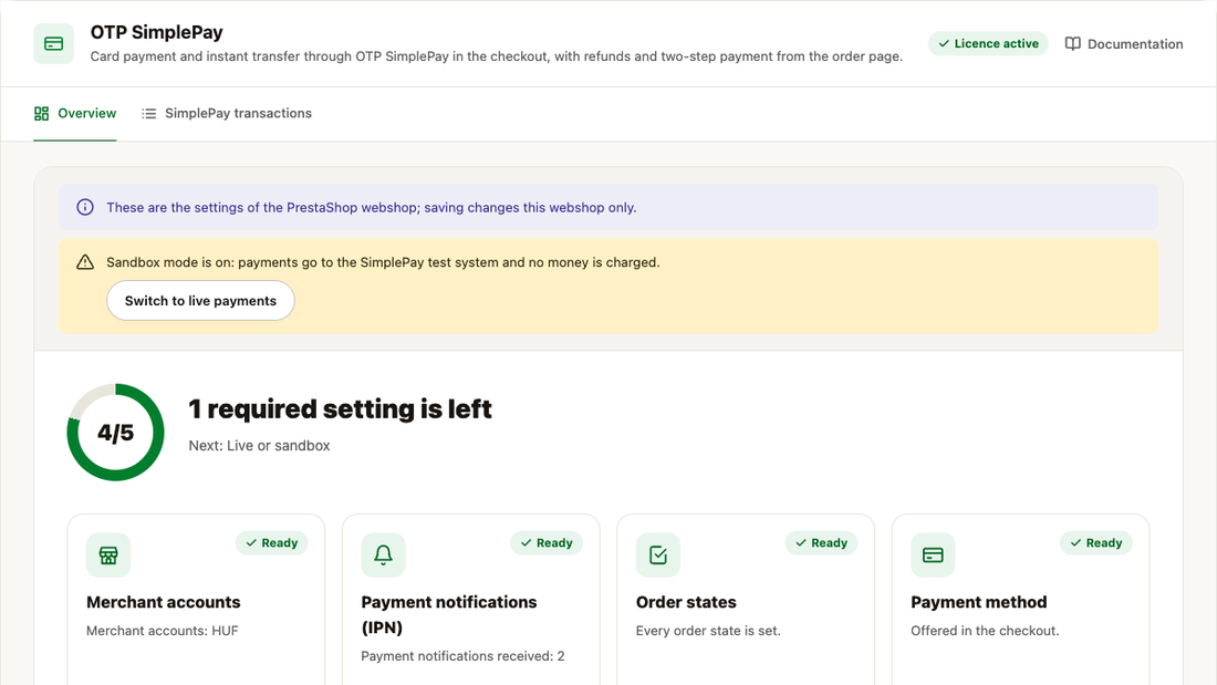 La vue d’ensemble du module OTP SimplePay : anneau de progression, cartes d’état des réglages et avis du mode sandbox