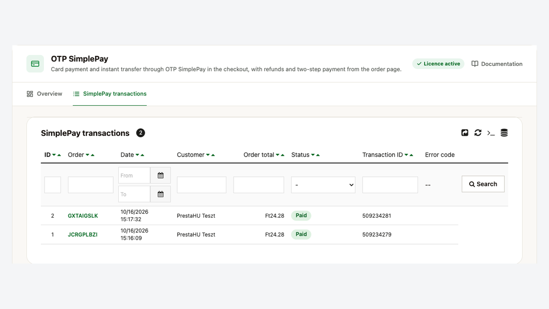 La liste des transactions SimplePay : commande, date, client, total de la commande, statut, identifiant de transaction