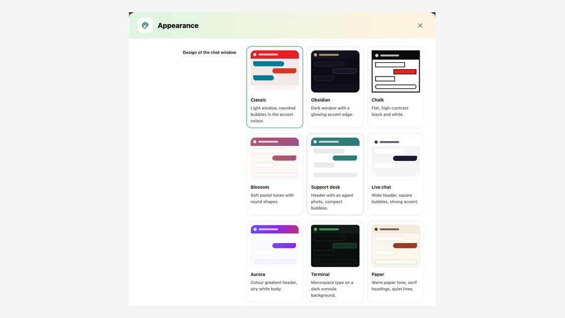 Appearance dialog: the ten design cards with a preview and a short description