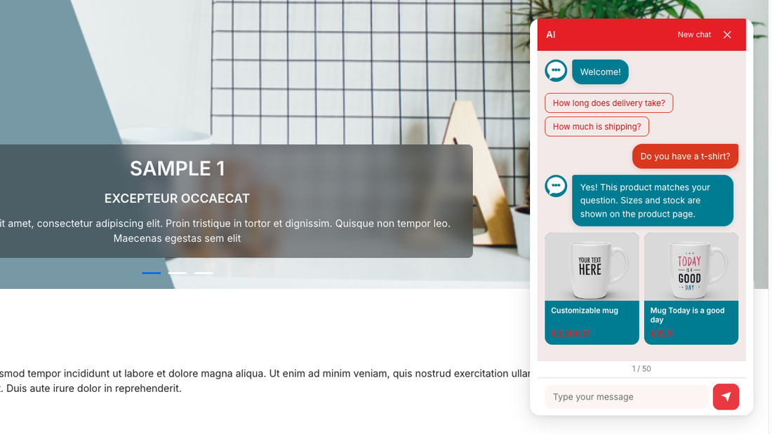 The chat window in the shop: the visitor's question, the assistant's answer and recommended product cards with image and price