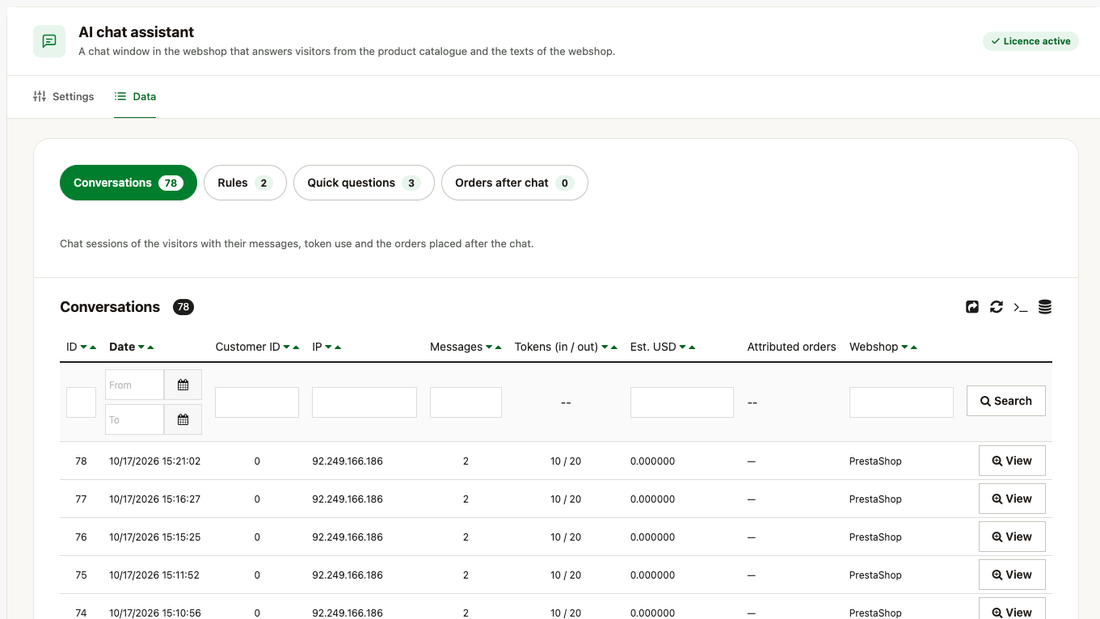 Conversations list: date, IP address, message count, token usage, estimated cost and linked orders