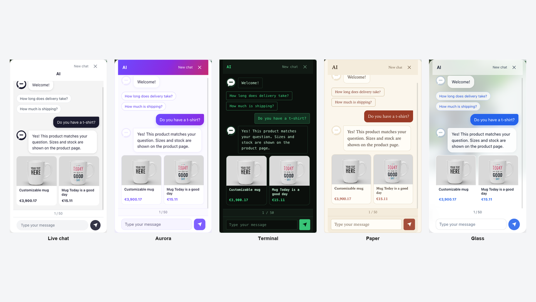 Five more chat designs: Live chat, Aurora, Terminal, Paper and Glass, with the same question and answer