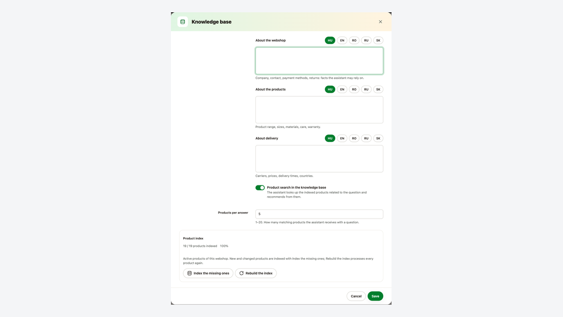 Knowledge base dialog: texts about the shop, the products and shipping, and the product index status