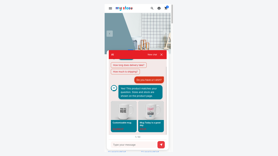 The chat window on a phone with the answer and the product cards