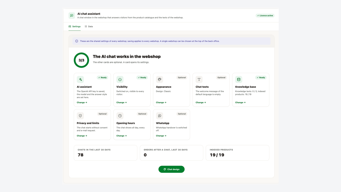 The module's Settings screen: progress ring, eight settings cards and the number of chats, orders after chat and indexed products