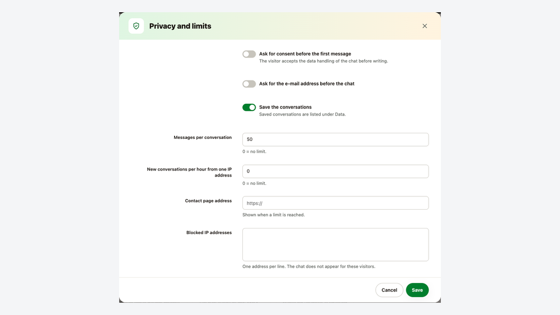 Privacy and limits dialog: consent and e-mail request, saving conversations, limits