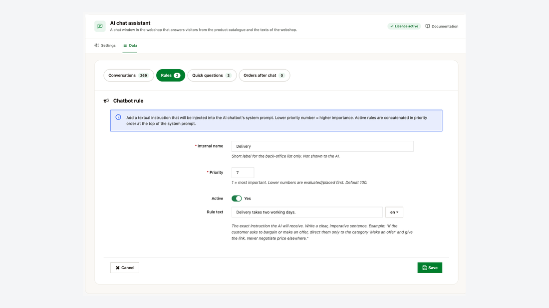 Chatbot rule form: internal name, priority, switch and the rule text per language