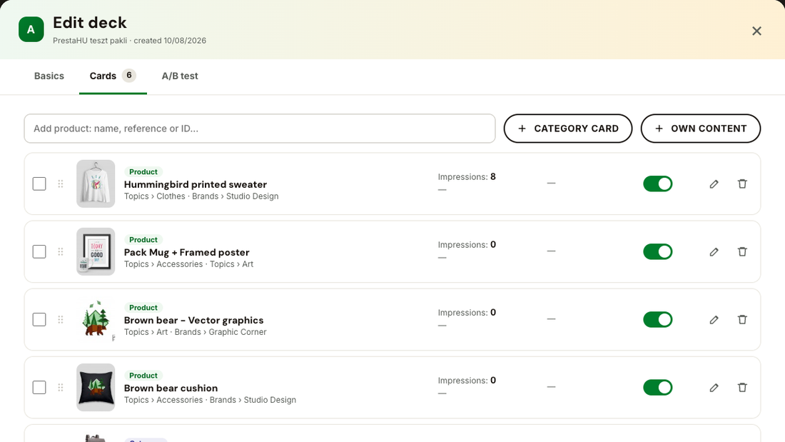 Cards of a Swipe deck with impressions, like rate and button clicks
