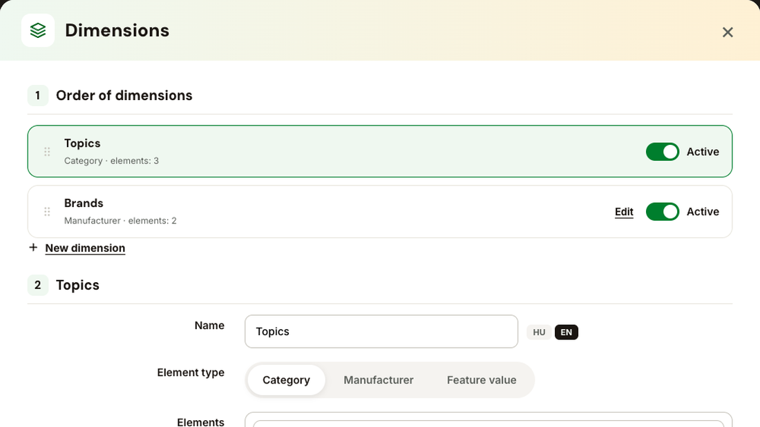 Dimensions: topics from categories, brands from manufacturers