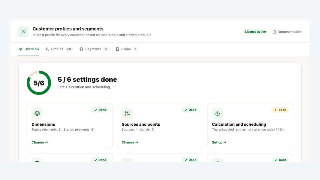 The module page: the setup steps and the setting cards
