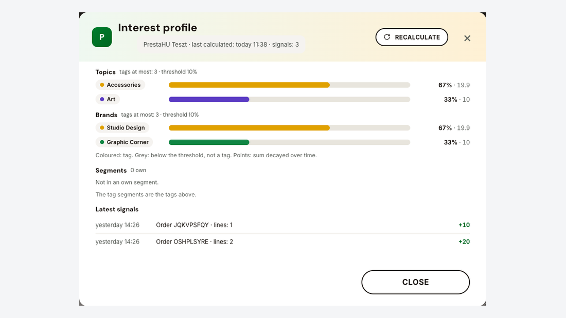 The interest profile of a customer: topics and brands with points, segments and latest signals
