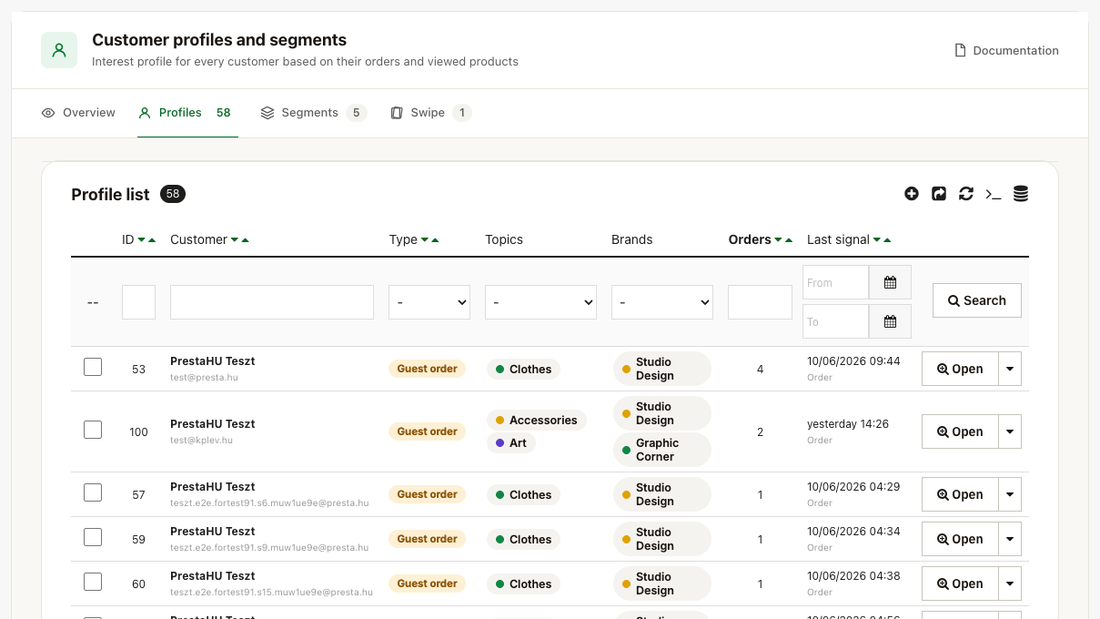 The profile list with tags, number of orders and last signal