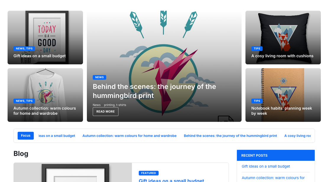 The first page of the blog in the webshop: highlighted posts at the top, a running line of the latest titles, post cards and a sidebar with categories and tags
