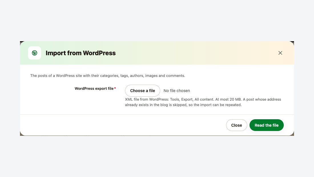 The Import from WordPress window: upload of the export file and the data that is moved over