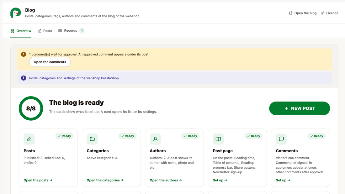 The overview of the module: the state of the blog, the settings cards and the number of posts, views and comments