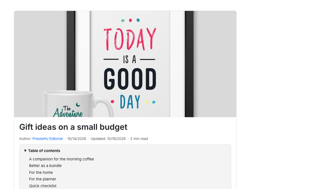 A post in the webshop: featured image, title, author, date, reading time and table of contents