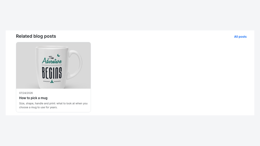 A product page with the card of the related blog post