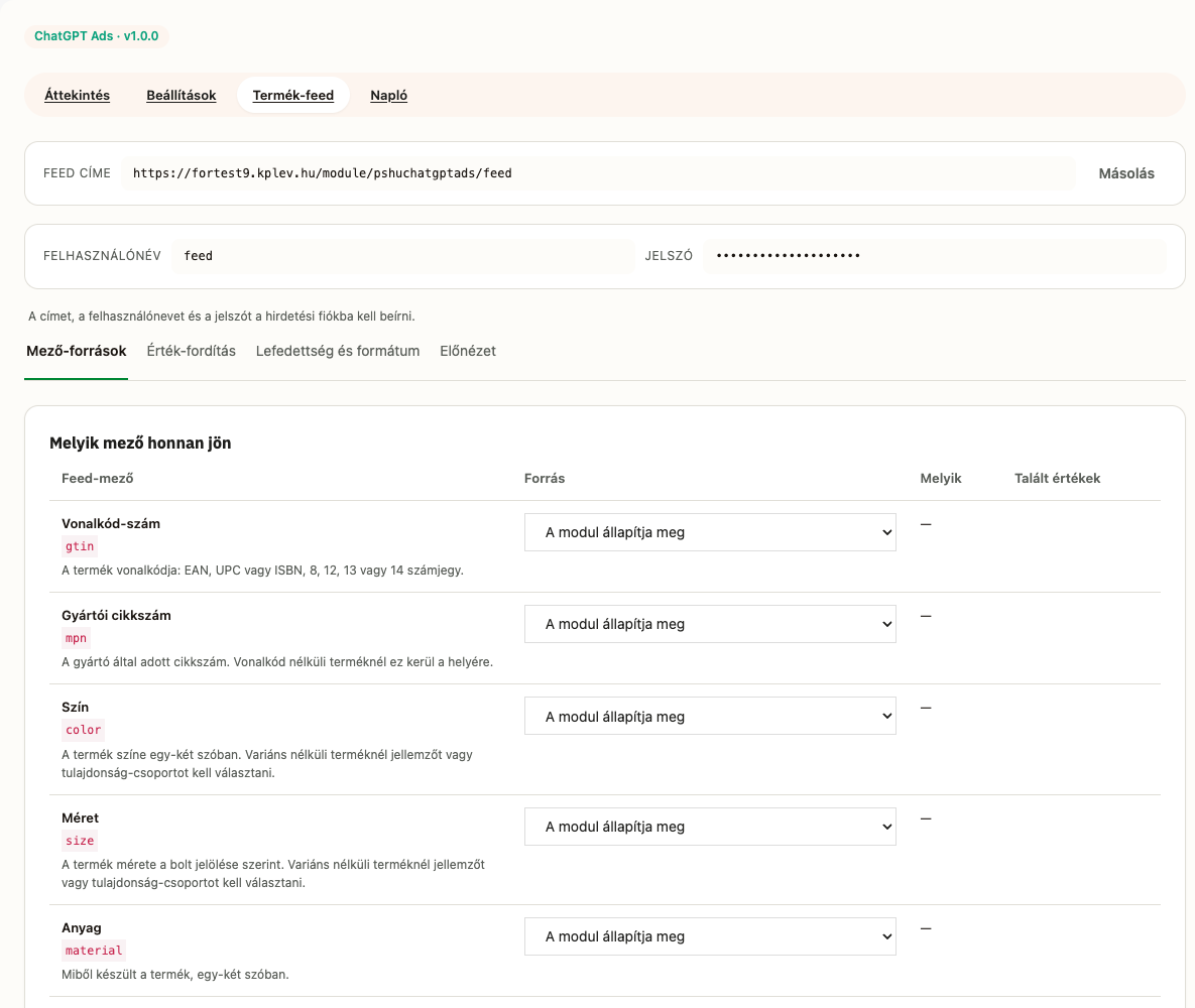 The feed address and the feed field settings