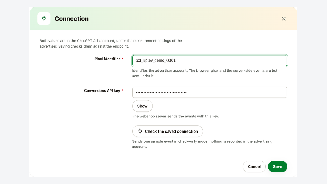 Connessione: identificativo del pixel, chiave della Conversions API e verifica della connessione salvata