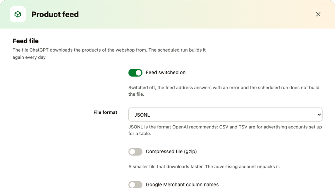 Feed prodotti: formato del file, compressione e prodotti esclusi dal feed
