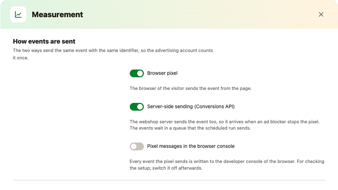 Misurazione: pixel nel browser, invio lato server e tipi di evento misurati