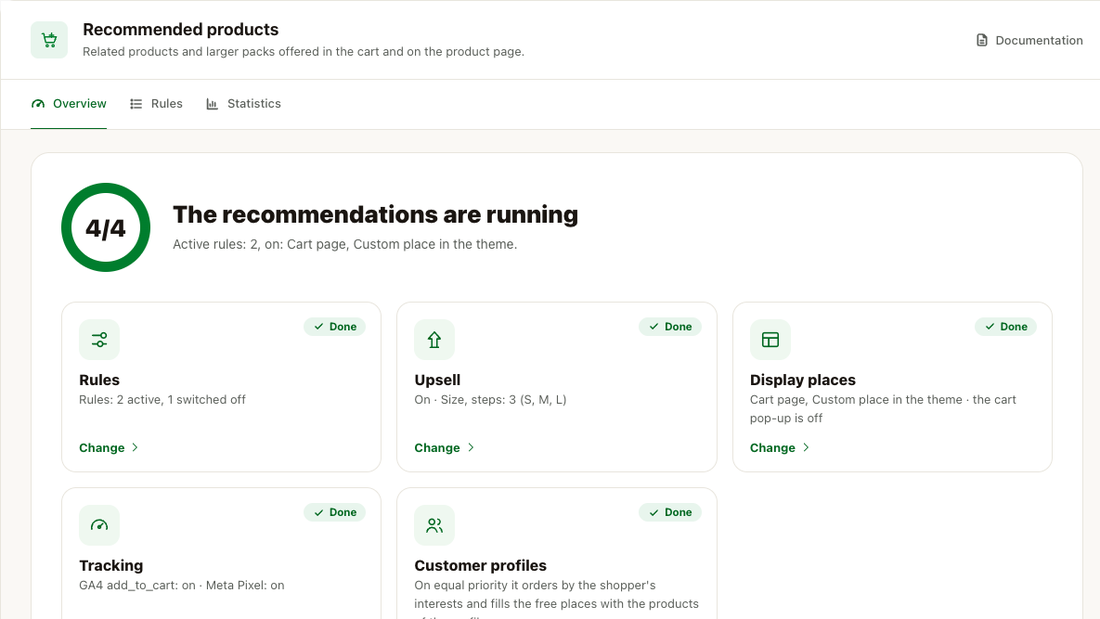 Overview of Recommended products: cross-sell rules, upsell, display places, tracking and the last 30 days